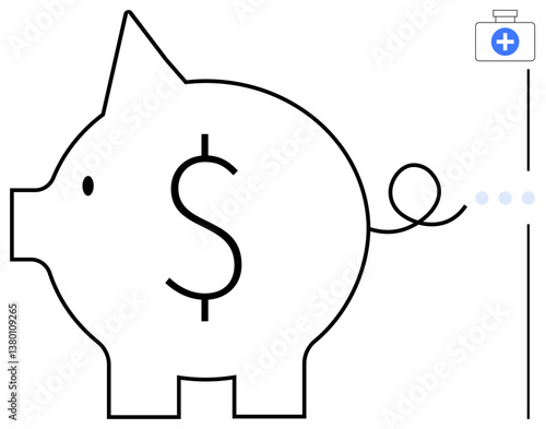 Piggy bank outlined with dollar sign and medical kit, symbolizing economic planning, budgeting for medical emergencies, health savings, personal finance, and well-being management. Ideal for health