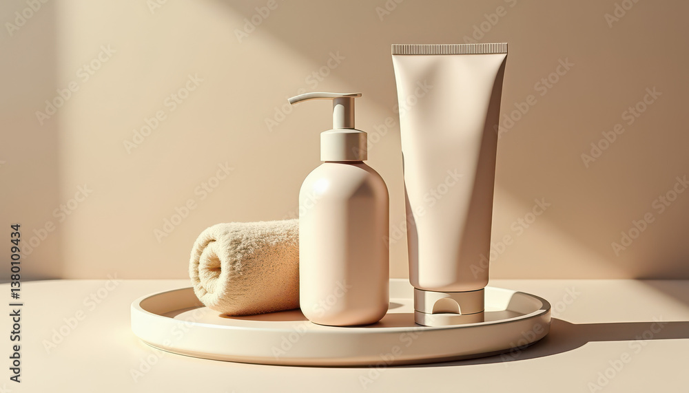 Shampoo tube mockup. Cosmetic shampoo and dispenser bottle mockup in spa interior setting Shampoo tube mockup. Cosmetic shampoo and dispenser bottle mockup in spa interior setting