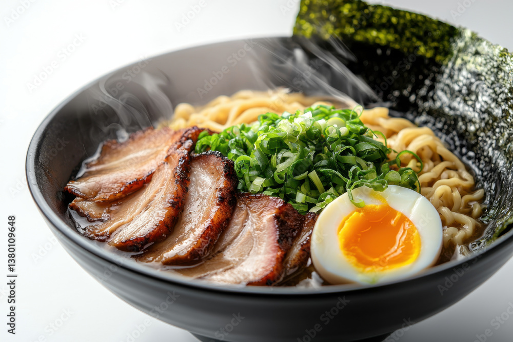 Isolated bowl of steaming ramen with rich broth and sliced pork contemporary restaurant setting close-up view culinary delight Isolated bowl of steaming ramen with rich broth and sliced pork contemporary restaurant setting close-up view culinary delight