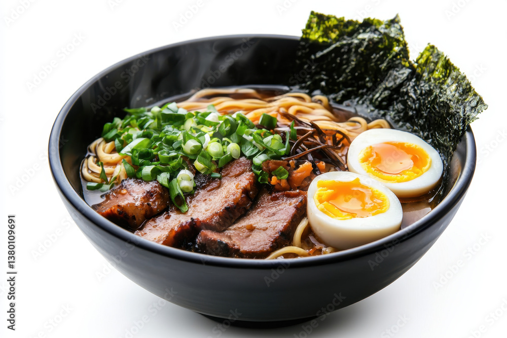 Isolated bowl of steaming ramen with rich broth and sliced pork urban kitchen setting culinary delight close-up view gourmet experience Isolated bowl of steaming ramen with rich broth and sliced pork urban kitchen setting culinary delight close-up view gourmet experience