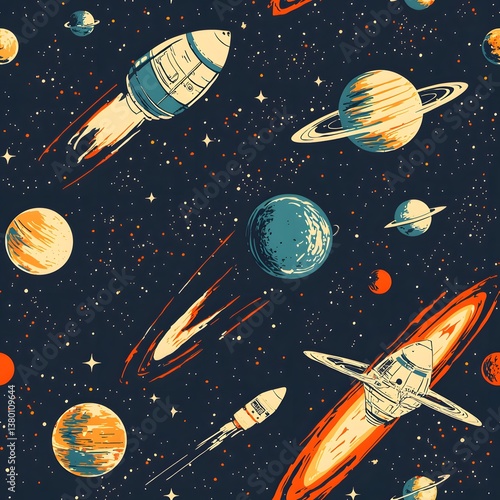 A vibrant retro-styled seamless pattern depicting a deep space observatory scene with rockets, planets, and stars, perfect for textile designs and space-themed projects showcasing