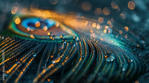 Peacock Feather Macro Photography: A Symphony of Teal, Gold, and Dew Drops