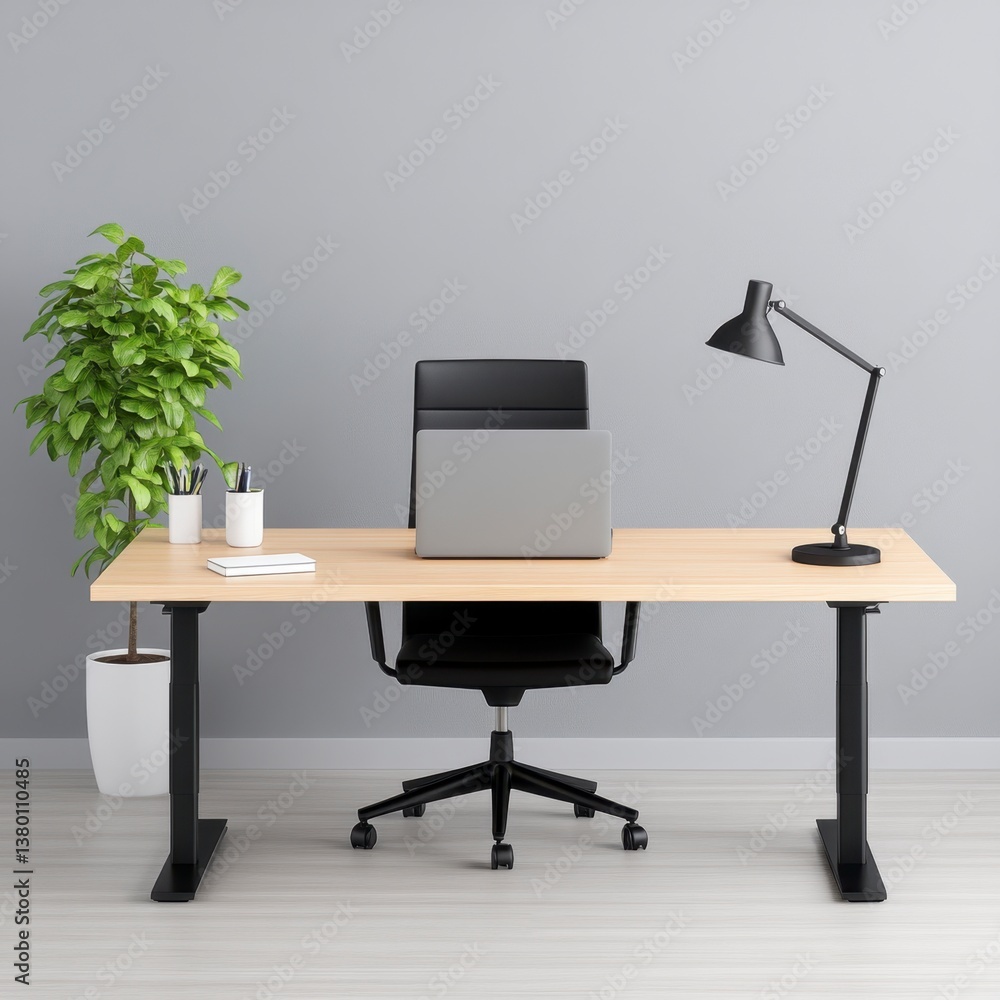 Modern home office setup with standing desk, black chair, laptop, desk lamp, and plant. Modern home office setup with standing desk, black chair, laptop, desk lamp, and plant.