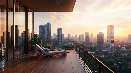 A private balcony with modern wood finishes connected to a luxury apartment