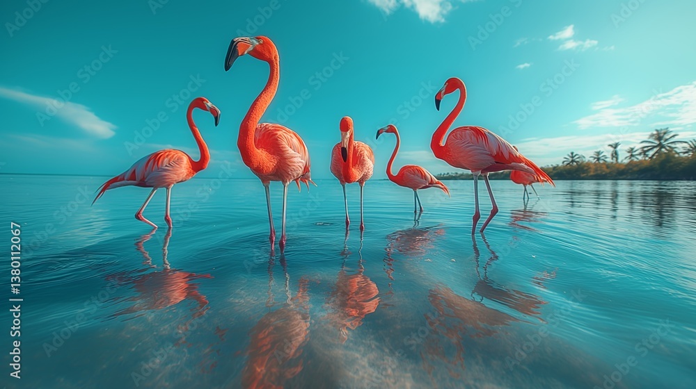 Obraz premium Five Flamingos in a Tropical Paradise