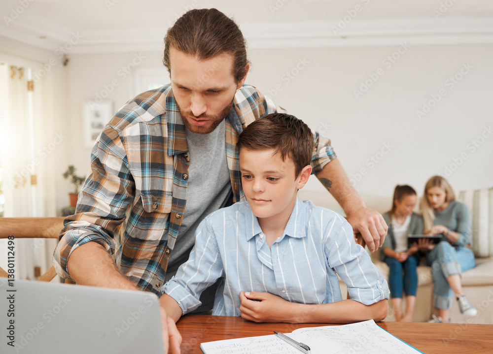 Education, child and dad at computer for learning, maths homework and home school. Help, father and kid in living room for virtual lesson, online tutorial and and book with sum for exam preparation Education, child and dad at computer for learning, maths homework and home school. Help, father and kid in living room for virtual lesson, online tutorial and and book with sum for exam preparation