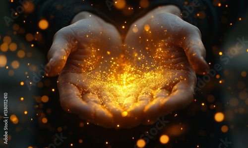 a pair of hands cupped together, holding a cluster of glowing particles in the darkness. The image evokes a sense of magic, wonder, and the nurturing touch of the hands. 