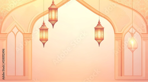 Glowing Lanterns Hanging In An Ornamental Archway Interior Scene