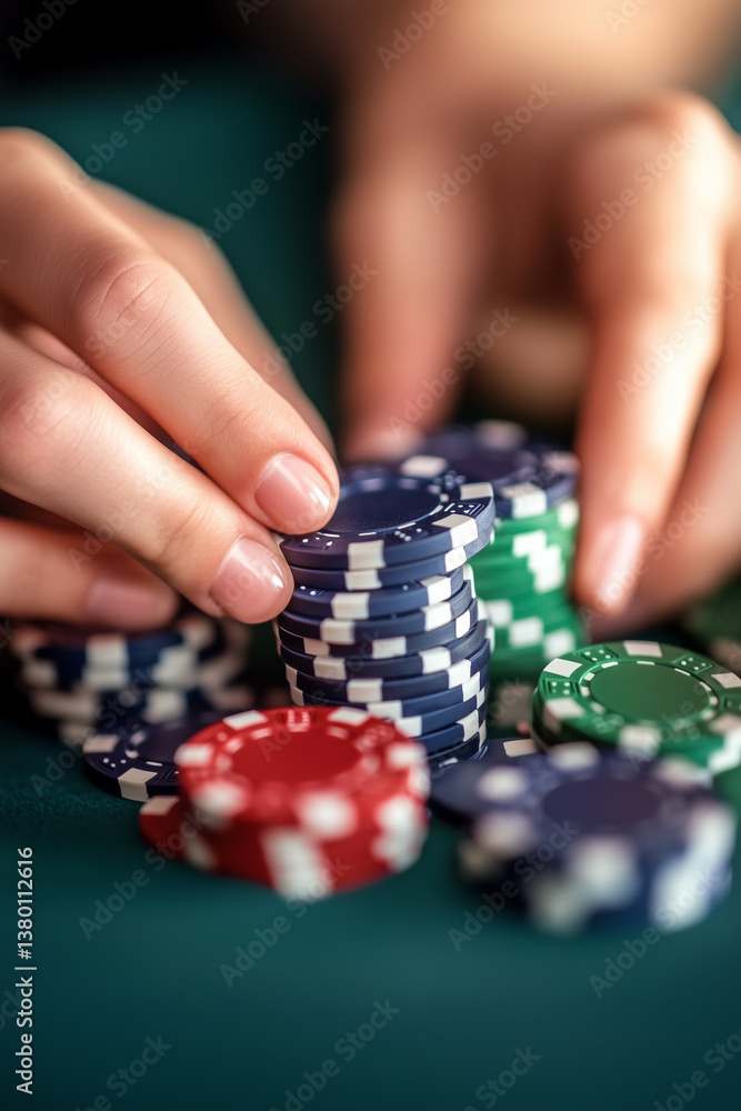 Close-up of dealer stacking colorful poker chips on green felt table Close-up of dealer stacking colorful poker chips on green felt table