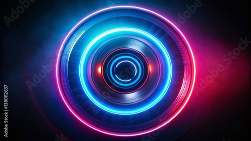 Abstract Macro Photo: Rotating Neon Circle, Black Background, Empty Copy Space