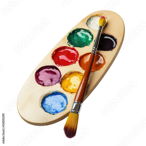 A vibrant palette of watercolor paints ready for artistic expression, accompanied by a delicate paintbrush poised for creative strokes on a simple wooden tray. photo