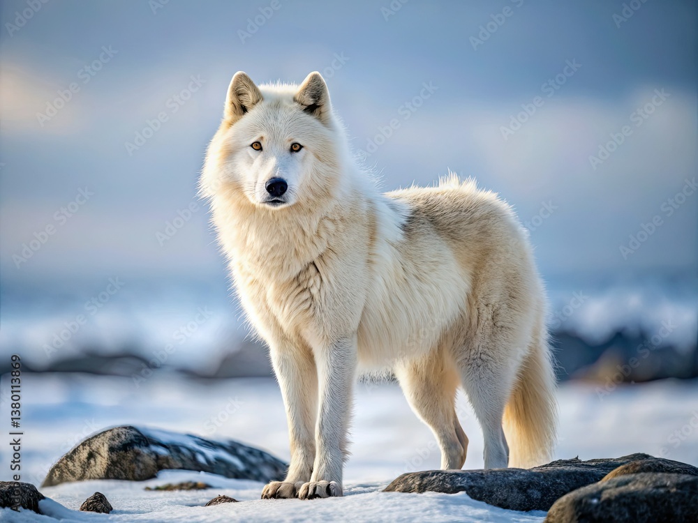 Obraz premium High-resolution Arctic wolf PNG, isolated on white. Perfect for winter wildlife projects, digital downloads.