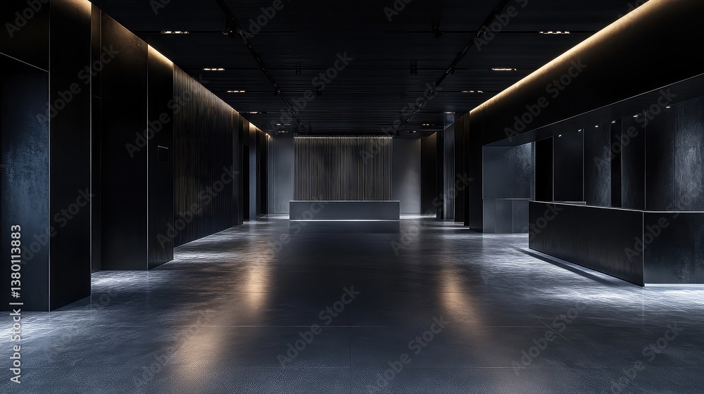 A spacious, empty room with black walls and a concrete floor, featuring a clean and minimalist design. A spacious, empty room with black walls and a concrete floor, featuring a clean and minimalist design.