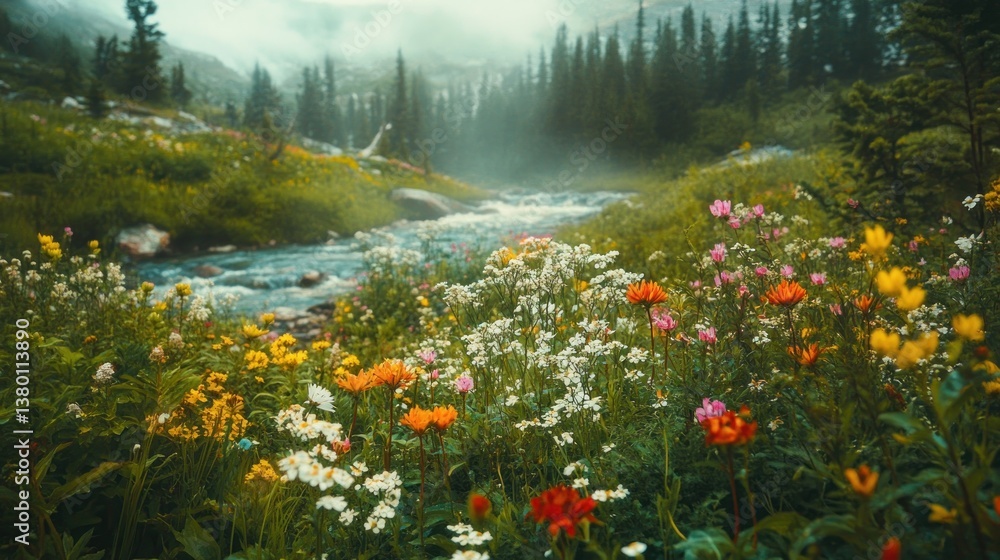 Fototapeta premium Mountain stream wildflowers misty forest landscape, nature postcard