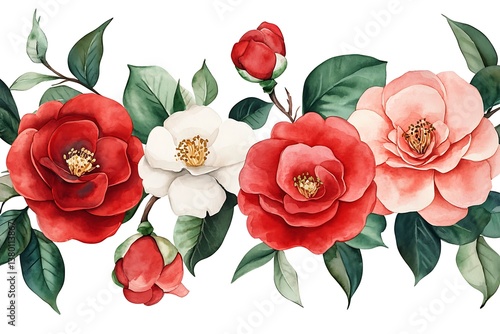 Watercolor Floral Illustrations – Red & Pink Roses with Camellia Bouquets