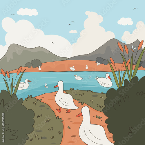 cute hand drawn cartoon landscape with swimming ducks in the lake funny springtime vector illustration
