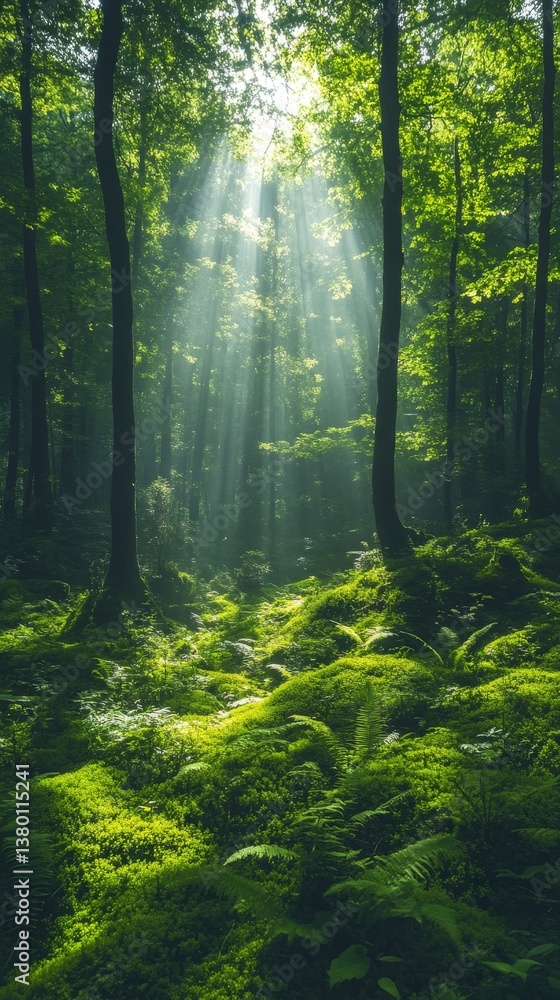Obraz premium sunlight filtering through the lush canopy of a green forest, casting a magical glow on the mossy ground. The image evokes a sense of peace, tranquility, and natural beauty. 