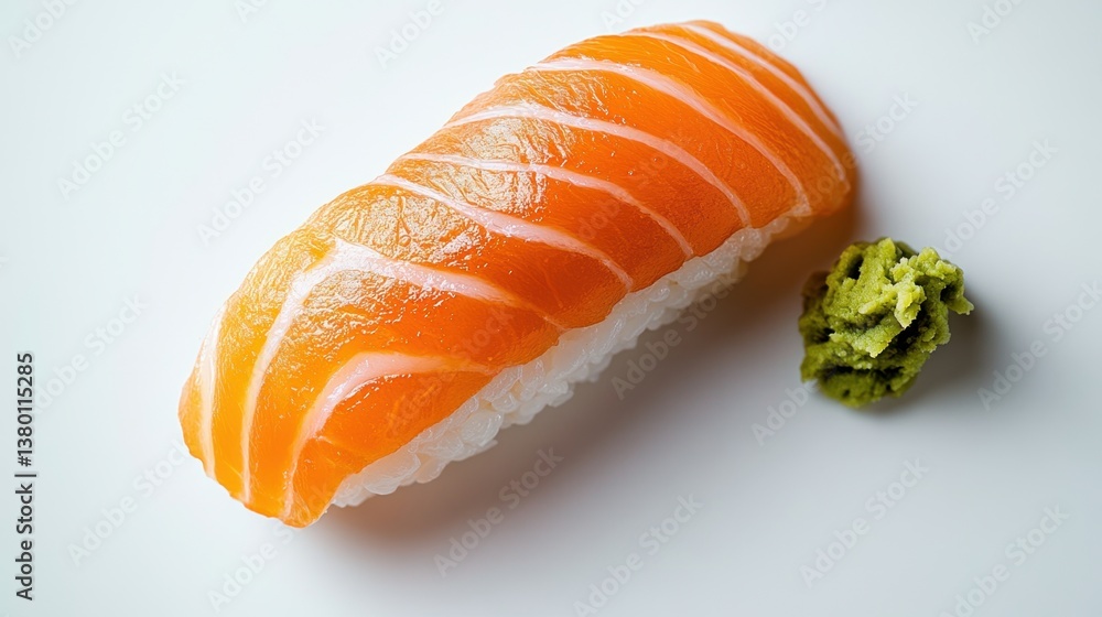 Close-up of Salmon Sushi with Wasabi on White Background Close-up of Salmon Sushi with Wasabi on White Background