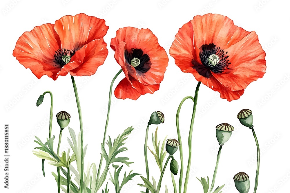 Obraz premium Vibrant Red Poppies – Realistic Watercolor Botanical Illustration