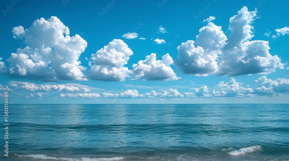 Obraz premium Ocean meets a sky full of fluffy white clouds on the horizon