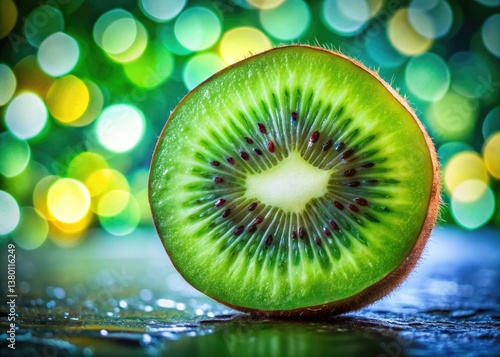Juicy, vibrant green kiwi close-up. Bokeh background highlights its fresh, healthy appeal.