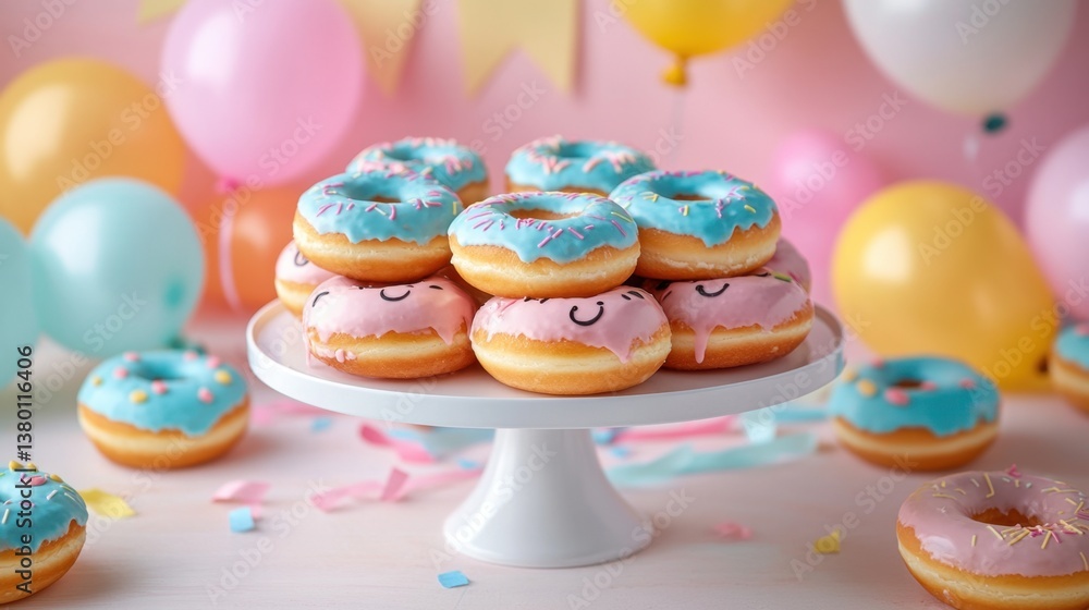 Colorful Donuts with Cute Smiley Faces on a Party Stand Colorful Donuts with Cute Smiley Faces on a Party Stand