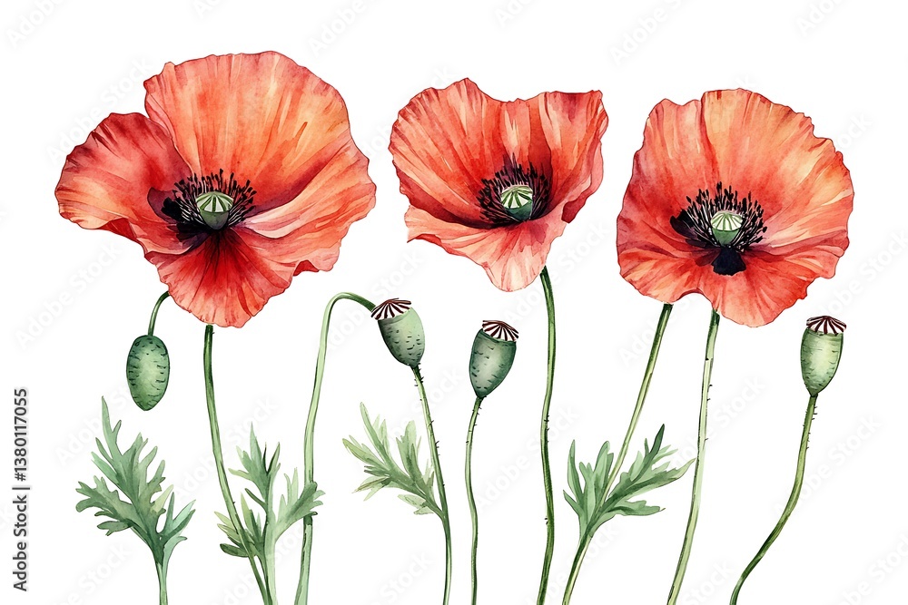 Obraz premium Vibrant Red Poppies – Realistic Watercolor Botanical Illustration