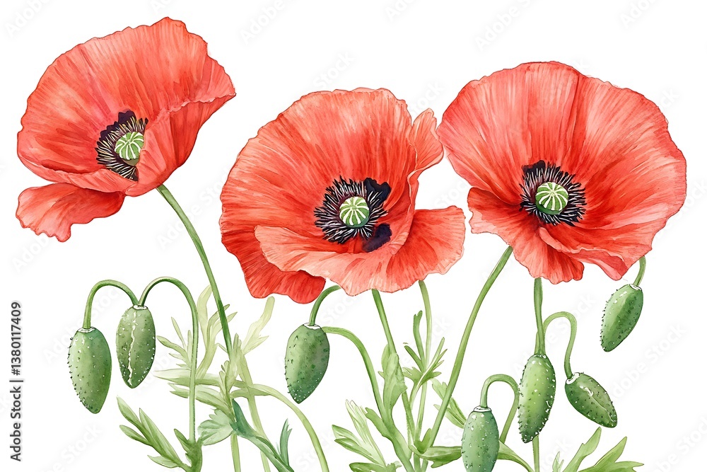 Obraz premium Vibrant Red Poppies – Realistic Watercolor Botanical Illustration