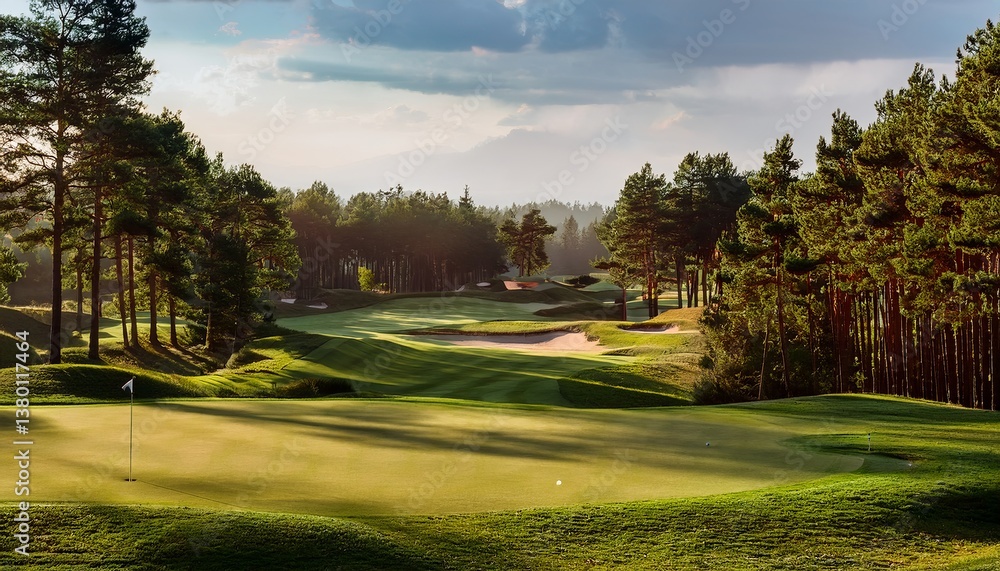 Fototapeta premium A scenic landscape featuring a lush green golf course with sand bunkers