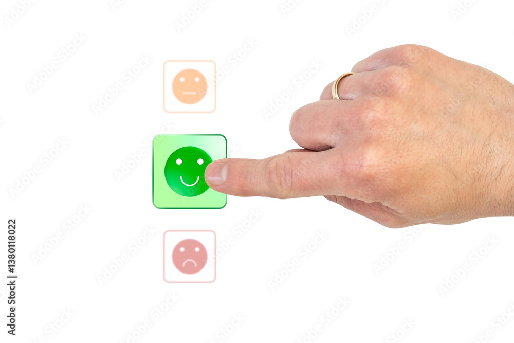 Finger selecting green smiley face button from vertical emoji rating scale, symbolizing positive feedback, rating or emotional response Finger selecting green smiley face button from vertical emoji rating scale, symbolizing positive feedback, rating or emotional response
