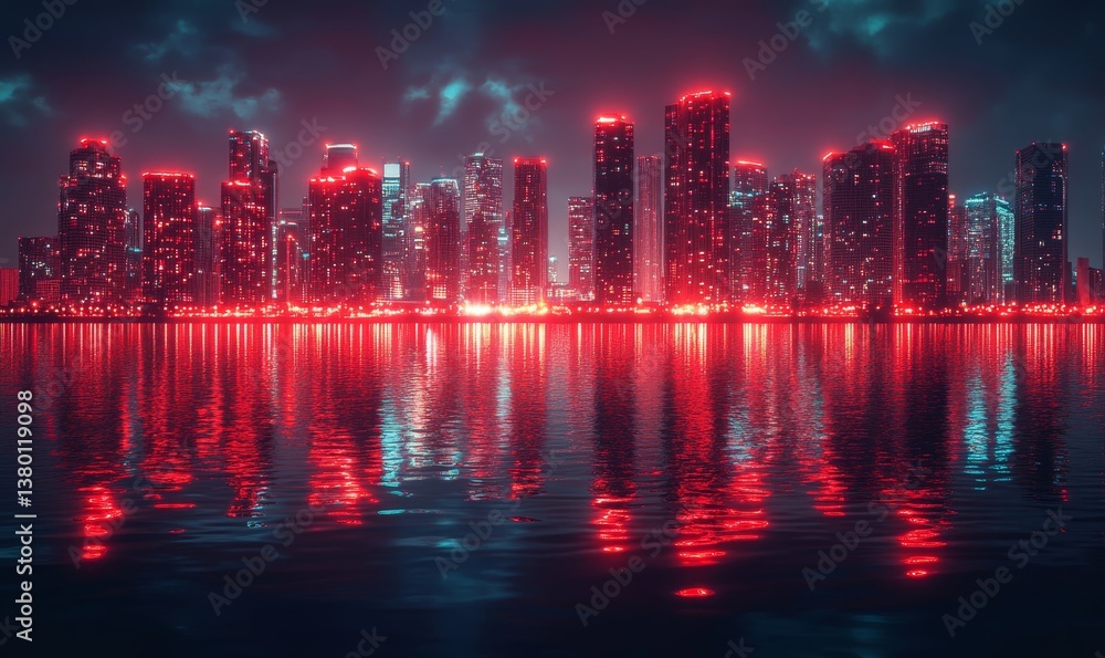 Fototapeta premium a mesmerizing cityscape at night, illuminated with vibrant red lights, reflected in the tranquil water