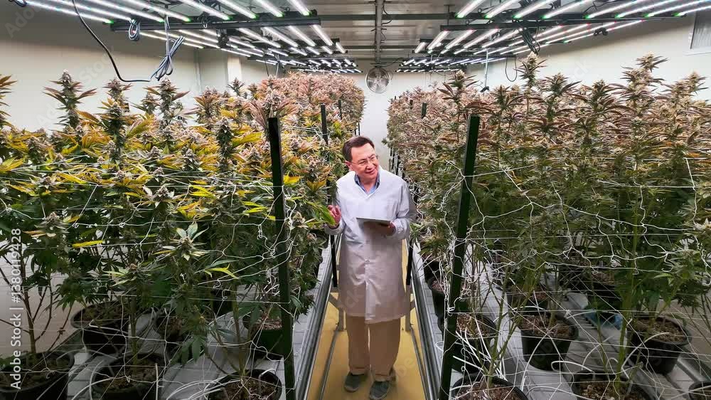 Scientist inspects cannabis plants in an indoor grow room with LED lighting and netting system, showcasing modern cultivation techniques for medical or industrial use. Slow motion 4k video. Scientist inspects cannabis plants in an indoor grow room with LED lighting and netting system, showcasing modern cultivation techniques for medical or industrial use. Slow motion 4k video.