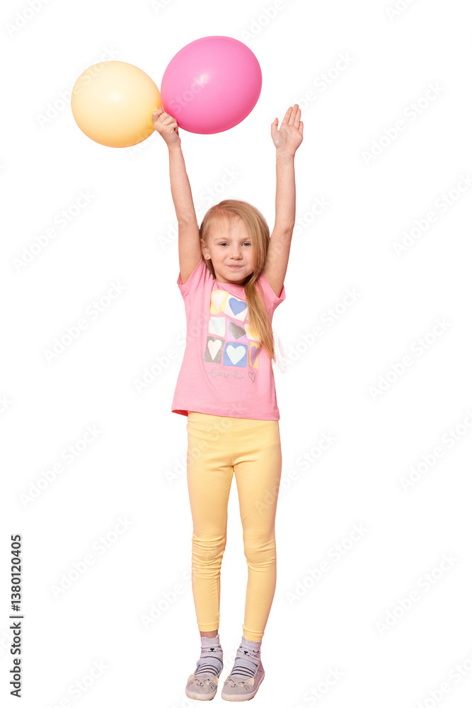 Full body portrait of a pretty little girl with colorful balloons standing on transparent background. PNG transparent. Full body portrait of a pretty little girl with colorful balloons standing on transparent background. PNG transparent.