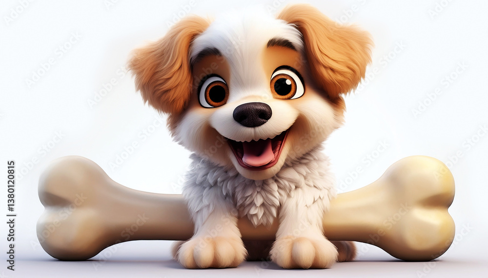 Fototapeta premium Extreme close-up, portrait. Cartoon character of a little smiling dog with a big bone on white background with copy space. Generative Ai.