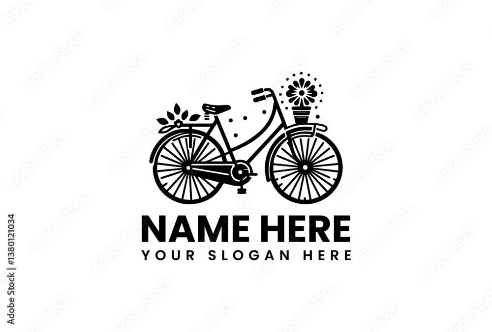 Fototapeta premium Monochrome Girl's Bicycle with Flowers Illustration. Minimalist Nature Art