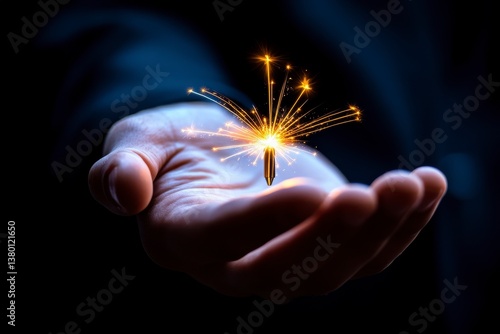 Golden Sparkler in Hand Against Dark Background