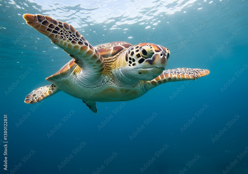 Fototapeta premium Majestic Sea Turtle Underwater Marine Life, Ocean, Swimming, Aquatic Animal, Underwater Photography.