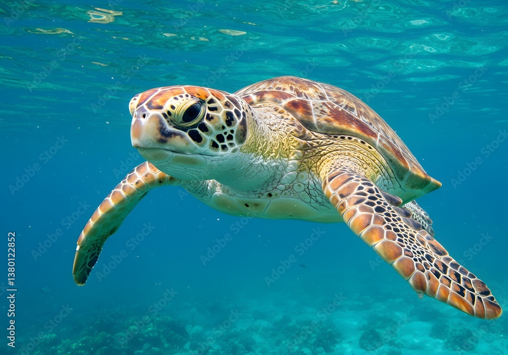 Fototapeta premium Underwater Sea Turtle Swimming in Ocean, Aquatic Wildlife, Marine Animal, Swimming in Blue Water, Sea Life Photography