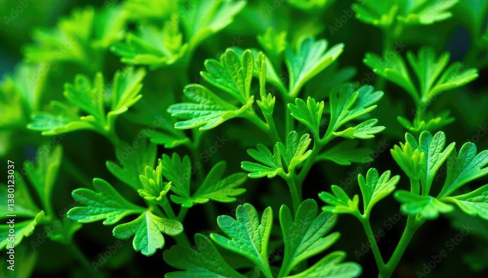 Intricate parsley sprigs forming a natural pattern , aromatic, foliage Intricate parsley sprigs forming a natural pattern , aromatic, foliage