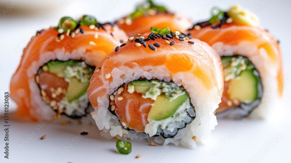 Delicious Sushi Rolls with Salmon, Avocado, and Rice on a White Plate Delicious Sushi Rolls with Salmon, Avocado, and Rice on a White Plate