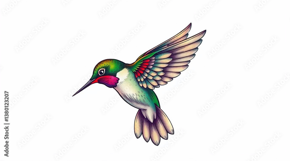 Fototapeta premium A traditional tattoo-style print of a hummingbird, isolated on a white background, depicting a soft dreamy atmosphere in vibrant colors with a retro flair, complex ornamental details, hazy, soft light