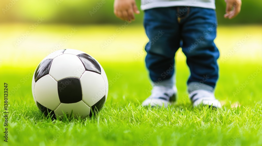 Dreamlike Scene of Baby Boy Kicking Soccer Ball on Vibrant Green Grass in Soft Glowing Light Dreamlike Scene of Baby Boy Kicking Soccer Ball on Vibrant Green Grass in Soft Glowing Light