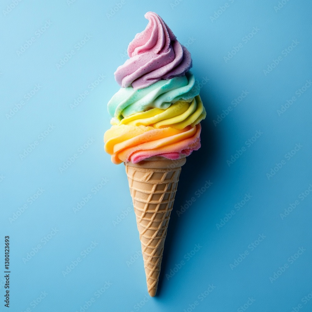 Swirls of vibrant colors create a breathtaking rainbow ice cream cone that stands tall on a crispy waffle cone Swirls of vibrant colors create a breathtaking rainbow ice cream cone that stands tall on a crispy waffle cone