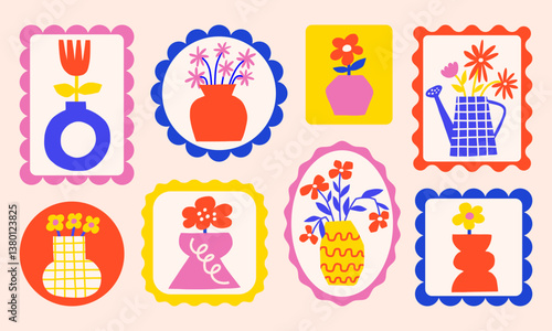 Bright simple florals in retro frames vector illustration set. Flowers in vases postal stamps