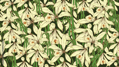 Vintage style vanilla flower and vanilla bean background. vanilla flower pattern. hand drawn vector drawing.