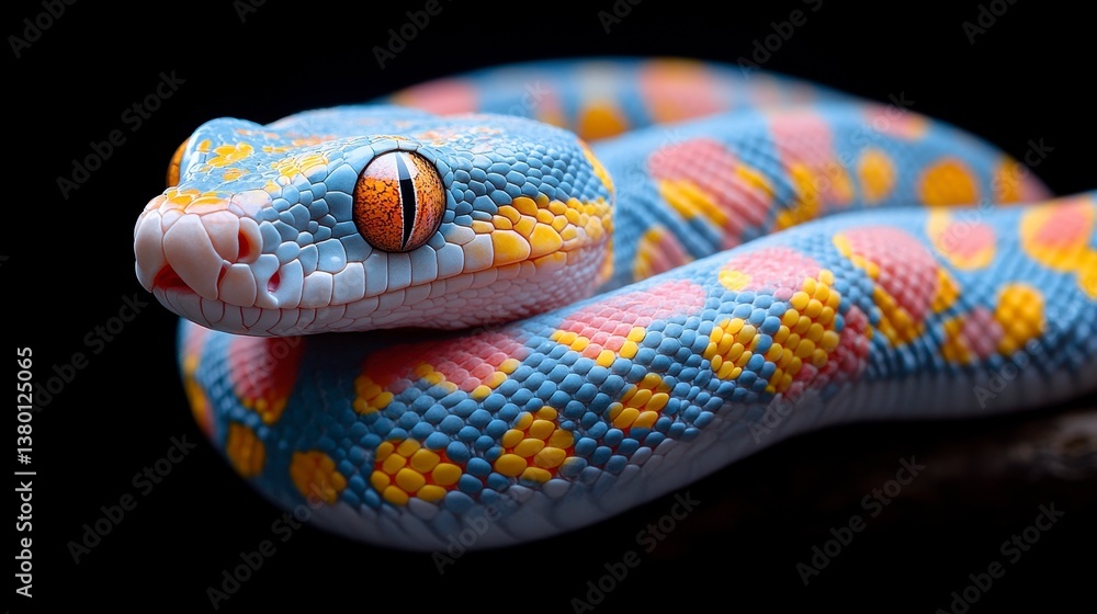 Fototapeta premium Colorful snake coiled against a black background
