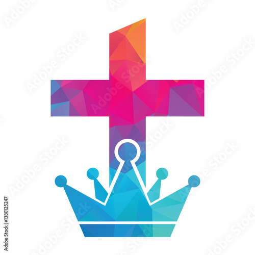 Church logo. Christian and king symbols. Crown cross vector illustration.