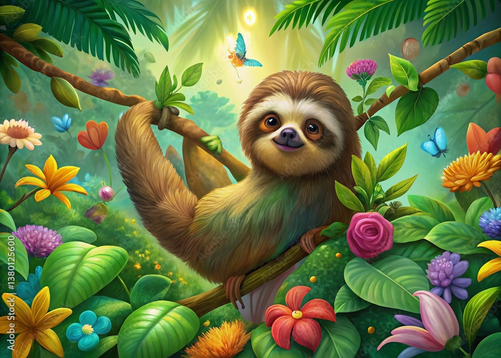 Obraz premium Adorable Sloth in Lush Tropical Jungle - Children's Book Illustration