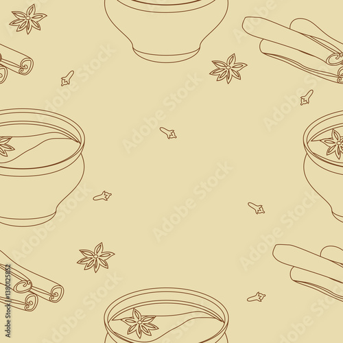 Editable Seamless Pattern of Outline Style Indian Masala Chai in Pottery Cup with Assorted Herb Spices Vector Illustration for Creating Background of Beverages With South Asian Culture and Tradition