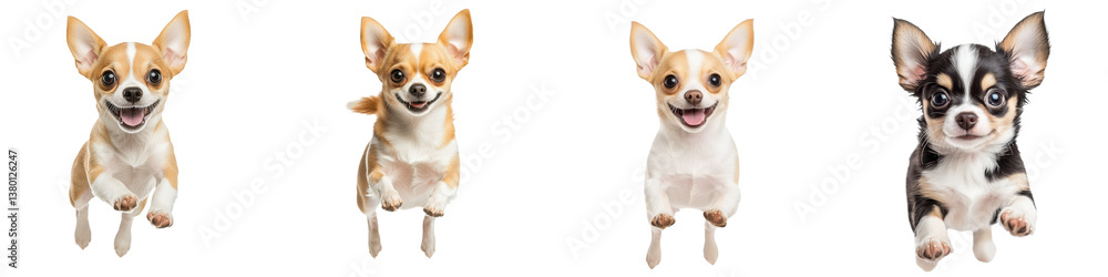 A group of four cheerful chihuahua dogs posed together in a studio setting each with their own distinct expressions and markings A group of four cheerful chihuahua dogs posed together in a studio setting each with their own distinct expressions and markings